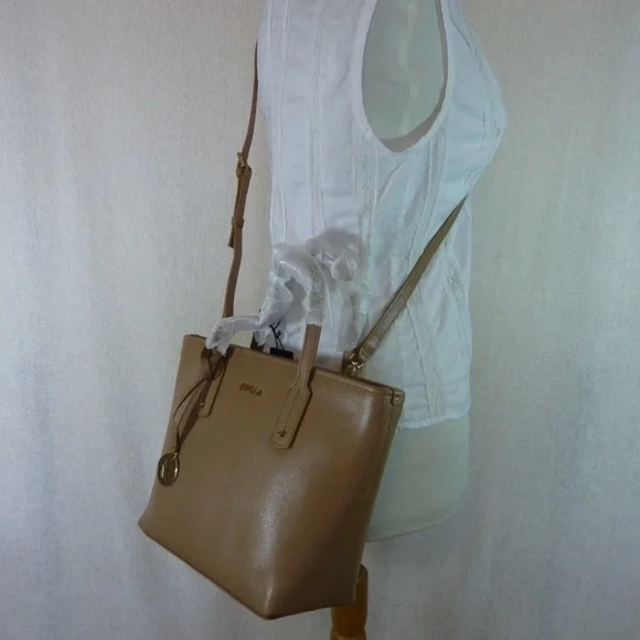 FURLA Daisy Cappuccino Brown Saffiano Leather Small Tote Bag - MADE IN ITALY